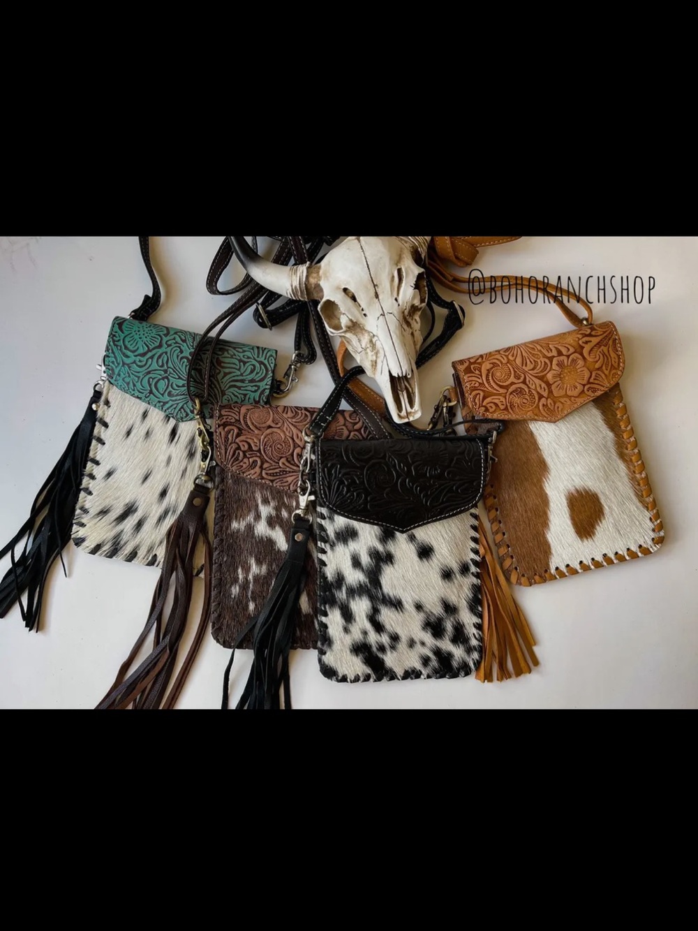 Cowhide Fringe Tooled Leather Crossbody Bag - Multi Color Options